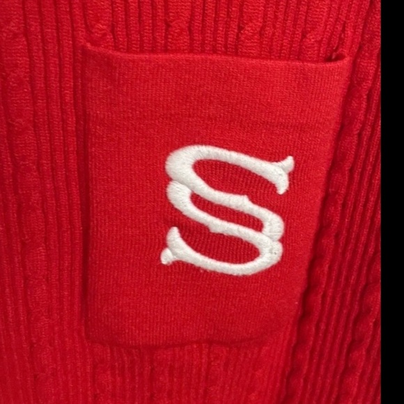 Sandro Paris Dorian Cropped Red Sweater Embroidered Monogram S Pocket Cable Knit - Picture 8 of 16